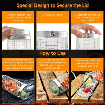 2PCS Rolling Grill Baskets for Outdoor Grill, Egg Accessories-Set Includes Fork, Hook, and Oil Brush-304g Stainless Steel-Perfect Gifts for Dad, Camping Must Haves, Unique Outdoor Gifts