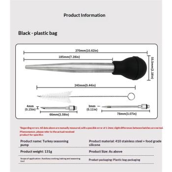 Stainless Steel Food Grade Turkey Baster for Cooking, Baking, Injecting Marinade With cleaning brush（Black）
