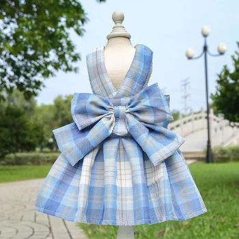 Dog Harness and Leash Set, Cute Bow Tie Plaid Harnesses for Puppy Cat, Adjustable Pet Kitties Vest, Breathable Harness Traction Rope for Boy Girl Small Animal(Skirt Sky Blue,M for 5.5-8.8lbs Dog)