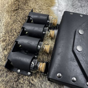 Medieval Alchemy Belt Bag with 4 Cork Potion Vials, Fantasy Wizard Waist Pouch Side Pack with Glass Vials Wizard Waist Pouch Side Pack(Black)