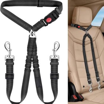 2pcs Double Dog Seat Belt, New Dual Pet Car Headrest Restraint Safety Seatbelt No Tangle Dog Leash Duty Adjust Elastic Bungee Puppy Lead Splitter Connect Harness in Vehicle Travel for 2 Dogs