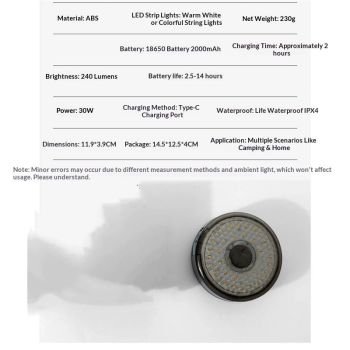 Camping String Lights, 2 in 1 Outdoor Camping Lantern with 8 Lighting Modes, Quick 30s Recovery, Waterproof, Type-C Fast Charging, Portable Lights for Camping/Yard/Hiking black