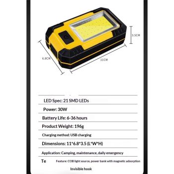 LED Work Light Rechargeable, Magnetic COB Portable Worklights, 30w Lumens, Job Site Lighting for Car Repairing,Camping,Hunting (Yellow)