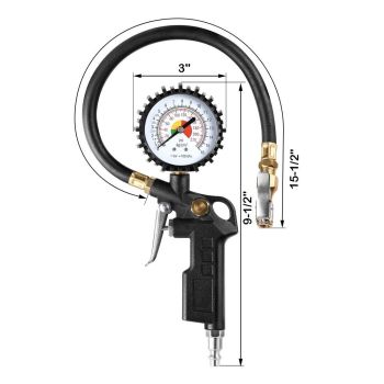 Tire Inflator Deflator Air Pressure Gauge with Rubber Hose,  Dial Wheel Inflator Gage with Straight Brass Lock-on Chuck Compatible with Air Pump Compressor for  Car Motorcycle Bike
