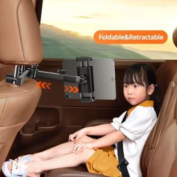 Car Headrest Mount for Tablets & Smartphones - 360 Rotatable, Adjustable Car Essential for Road Trip (Single Arm Extendable)