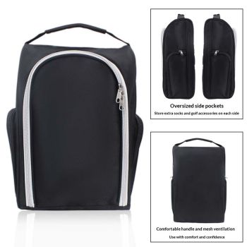 Golf Shoe Bag for Travel Zippered Sport Shoe Carrier Bags with Side Accessory Pockets for Socks, Tees, Golf Balls（Black）