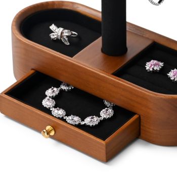 Solid Wood Watch Stand with Drawer T-bar Watch Holder Organizer for Men and Women Showcase Bracelet Bangle Jewelry Display Stand Rings Earrings Necklace Storage(Black)