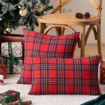 Pack of 2 Christmas Plaid Decorative Throw Pillow Covers Scottish Tartan Cushion Case for Farmhouse Home Holiday Decor Red, 18 x 18 Inches