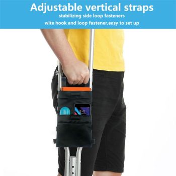 Large Capacity Accessories Storage Pouch Organizer Bag with Drink Holder and Multiple Pockets, Universal Waterproof Crutches Bag, Underarm Crutches Attachment (Black,oniy bag)