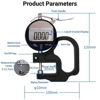 Digital Thickness Gauge, Thickness Micrometer Meter, 0 to 12.7mm Digital Display Measuring Tool with LCD Display, for Paper Film (0.001mm Accuracy)