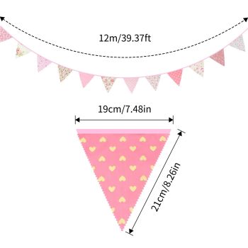 39Ft Pink Floral Fabric Bunting Banner Triangle Flag Party Decorations Hanging Cotton Rustic Vintage Flowers Garland Pennants for Wedding Birthday Tea Nursery Home Outdoor Garden Accessories