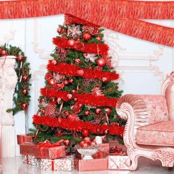 10 Pack 10 Feet Red Foil Fringe Garland Metallic Tassle Banner Wall Hanging Tinsel Streamers Backdrop for Parade Floats, Bachelorette, Wedding, Birthday, Halloween, Christmas Party Decorations