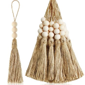 40 Sets Jute Tassels with 3 Wood Beads Natural Jute Rope Burlap Tassels for Christmas Tree DIY Craft Wood Beads Garland Project Wedding Home Party Decorations