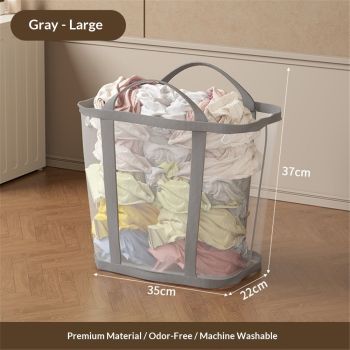 Mesh Bag with Handles, Collapsible Laundry Basket, Foldable Laundry Bag, Breathable Folding Beach Bag,Space-saving Travel Tote Bags (1, Grey)