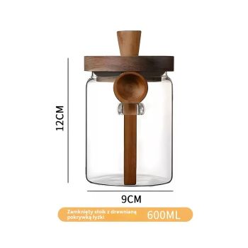 Glass Jar with Wooden Lid and Spoon,  Food Storage Containers Coffee Jar Coffee Grounds Container, Glass Food Storage Canister (1 Pcs, 600ml)