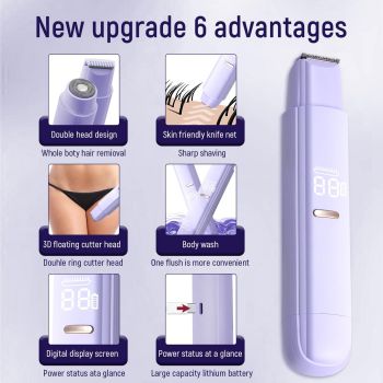 2 in 1 Bikini Trimmer for Women, Dual Head Electric Razor,Wet/Dry Use Women Electric Shaver, Painless Body Facial Hair Remover for Bikini Legs Arm Underarm,(Purple16.5*3.2*2.8cm)