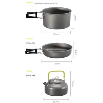 Camp Cookware 2-3 People Set, Pan Pot Teapot Lightweight Outdoor Portable Camping Cooker Set for Trekking Hiking BBQ Picnic Campfire