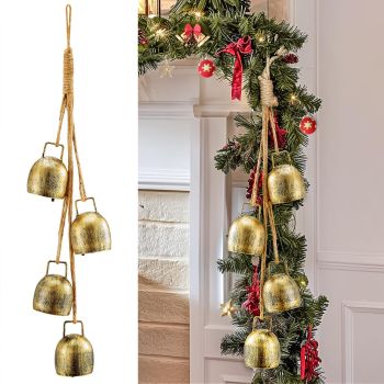 Set of 4 Christmas Bells, Decoraitve Brass Bells with Jute Hanging Rope for Christmas Decor Wreath Garland Tree Doors Windows Rustic Home Decor, Vintage Iron Bells（Single bell 4cm high）The total length is about 37cm