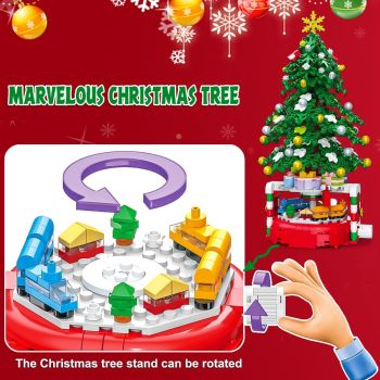 Christmas Tree Building Block Set, 220 Pieces, Rotating Base with Ornaments and Star, Holiday Building Toy, Stocking Stuffers for Kids, Gifts for Boys & Girls（Assembly completed size27.7*14.6cm）