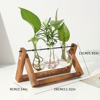 Plant Terrarium with Wooden Stand, Air Planter Bulb Glass Vase Metal Swivel Holder Retro Tabletop for Hydroponics Home Garden Office Decoration - 3 Bulb Vase