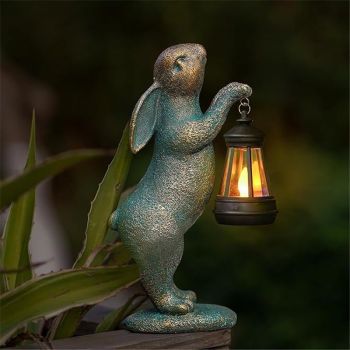 Garden Statues Rabbit with Solar Lantern Outdoor Bunny Figurines Decorations for Patio Yard Lawn Ornaments Gifts for Birthday Easter Housewarming Christmas