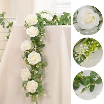 2 Packs 175cn  Eucalyptus Garland with Flowers - 6White Roses, Artificial Flower Fake Rose Vine Faux Greenery for Wedding Backdrop Arch Table Wall Party Home Decor, Grey Green