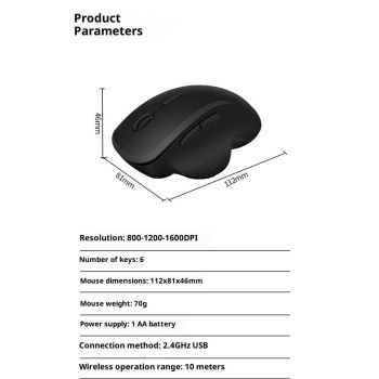 Wireless Mouse (2.4G) Silent 800-1200-1600 DPI Computer USB  & Bluetooth Mouse 6 Buttons, Wide Compatibility - Black