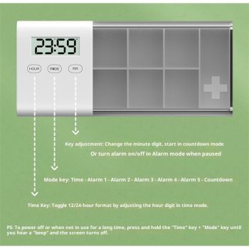 Portable Pill Organizer with Sound Flashing Light and Vibration Alarm, Weekly Pill Dispenser, Countdown Timer, Pill Box Large Capacity Medicine Organizer