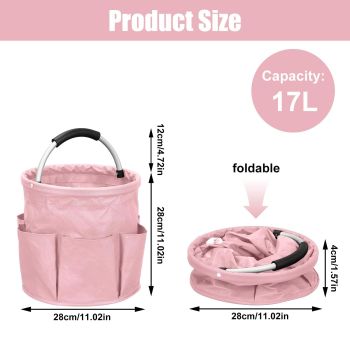 17L portable shower bucket with 6 side pockets, foldable cleaning cart with handle, multifunctional storage basket for showering and picnicking, pink