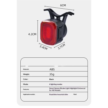 Smart Bike Tail Light Brake Sensing Bicycle Rear Lights Rechargeable Waterproof Bright LED Bike Light Cycling Safety Road BikeTaillight Accessories 6 Modes