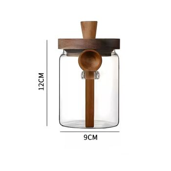 Glass Jar with Wooden Lid and Spoon,  Food Storage Containers Coffee Jar Coffee Grounds Container, Glass Food Storage Canister (1 Pcs, 600ml)