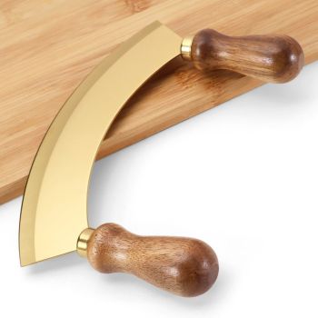 Kitchen Rocking Chopper And Mincing Knife With Double Handles, Stainless Steel, Rubberwood, For Herbs Vegetables Nuts And More