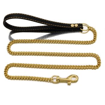 Dog Chain Leather Gold Dog Leather 4FT Stainless Steel 10mm Cuban Chain Dog Leather with Comfortable Handle, Suitable for Small, Medium and Large Dogs