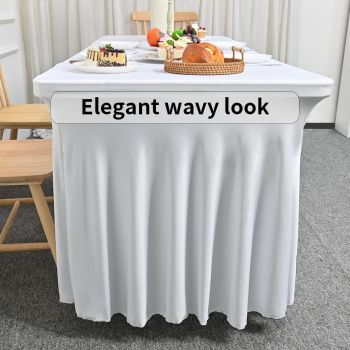 4FT White Rectangle Tablecloth with Elastic Table Skirt – Wrinkle-Free Spandex Stretch Fitted Table Cover for Wedding Birthday Party Banquet Buffet Restaurant Event（White）
