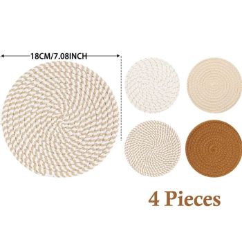 Round Woven Placemats Set of 4, 7.08 Inches Kitchen Table Place Mats for Dining Table, Trivets for Hot Pots and Pans, Boho Table Setting Decor, Fall Decorations for Home (Brown)