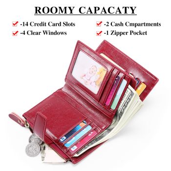 Women's Small Leather Blocking Bifold Zipper Pocket Wallet Ladies Credit Card Slots Purse, Pocket Wallet Card Case Purse with ID Window (red)