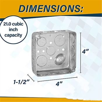 (4 Pack) 4'' Square Electrical Box, Drawn Construction, Raised Ground,Capacity, 1-1/2'' Deep, Galvanized Steel, Combination Screw Heads