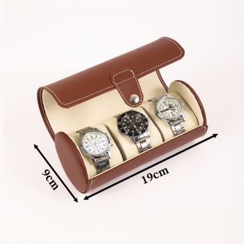 Watch Box for Men, 3 Grids Cylinder Roll Holder Wristwatch Jewelry Gift Storage Display Case (Brown)