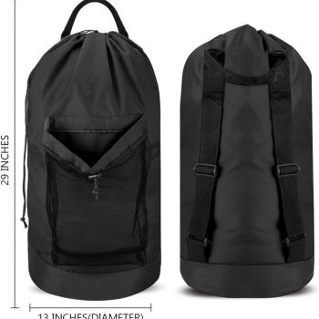 Backpack Laundry Bag, Laundry Backpack with Shoulder Straps and Mesh Pocket Durable Nylon Clothes Hamper Bag with Drawstring Closure for College,  (Black)