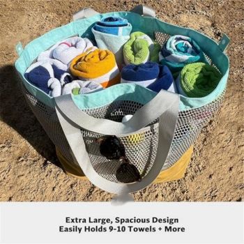Large Mesh Beach Bag, Vacation, Pool, Shopping, & Travel Tote - Foldable w/Storage Pockets for Women, Men & Families
