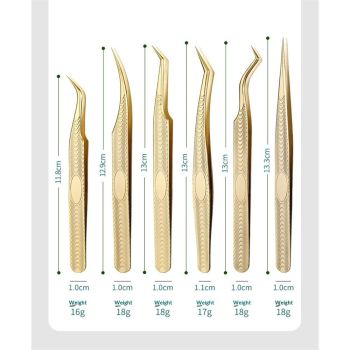 6 pack Lash Tweezers for Eyelash Extension, Professional Lash Extension Tweezer Set, High Precision Eyelash Tweezers for Volume Eyelash Extensions (Gold, 6 PCS Set)