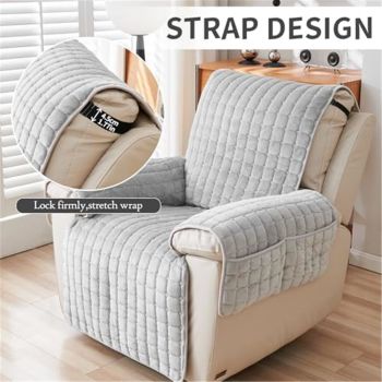 Plush Recliner Slipcover- Washable & Quilted Faux Wool Cover for Lazy Boy Chairs & Furniture. with Side Pockets, Large Recliner Chair Covers, Safe for Children/Pets,Gray