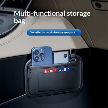 Car Storage Bag, Leather Small Debris Organizer ,Hanging Cell Phone Mobile Paste Type Bag for Stowing Tidy, Universal Accessories（BlackA-1pcs）