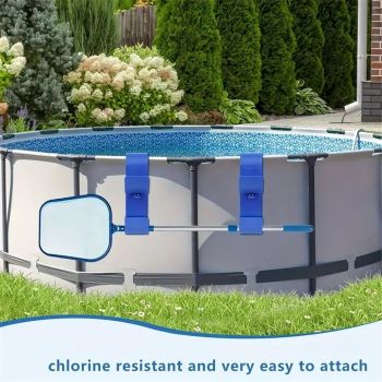4 PCS Blue Poolside Pool Leaf Skimmer Net Holder Plastic Poolside Pool Pole Hanger Adjustable Telescopic Pole Hooks Brush Hanger Tools for Above Ground Pools