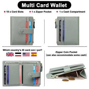 Womens Wallet Small Leather Blocking Zipper Pocket Wallet Card Case Purse with ID Window（grayish green, There is only one wallet）