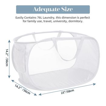 Collapsible Laundry Hamper with Side Pocket, Foldable Clothes Hamper with Durable Reinforced Handles for Laundry, Bathroom, Kids Room, Dorm or Travel 2 Pack White