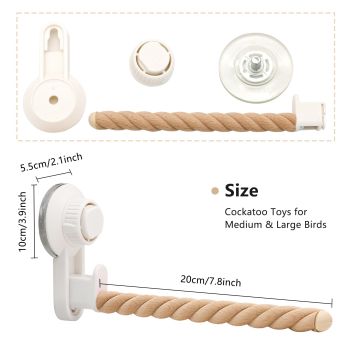white Suction Cup Bird Perch,Natural Wood Parrot Window/Bath/Car/Travel/Shower Perches Stand Portable Parakeet Grinding Stick Training Toys for Small and Medium Birds(Twist Grain)