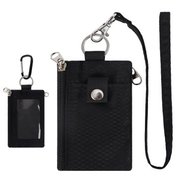 Small Lanyard Wallet for Women/Men with  Blocking ID Card Wallet, Minimalist Nylon Zipper Pouch, Travel Neck Wallet with Keychain, ID Window for Card,Coin,Cash (Black)