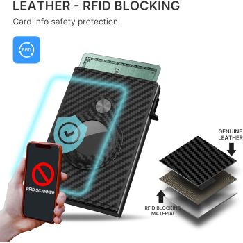 Wallet for Men: Compatible with Apple AirTag (1st & 2nd Generation), RFID Blocking, Genuine Leather, Slim & Minimalist Design - 14 Card Capacity | ID Window | Cash Slot (Carbon Fiber)