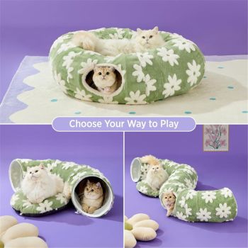 Cat Tunnel Bed for Indoor Cats - Cute Cat Donut Tunnel Toys for Small Large Cats with Washable Circle Cushion, Round Pet Peekaboo Cave Toy for Kitten/Puppy/Rabbit, Standard Flower Garden Green